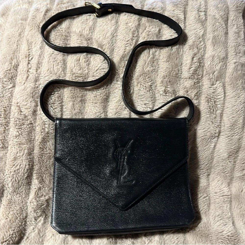Vintage Authentic Black YSL Leather Crossbody Bag
